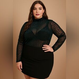 Lane Bryant Sheer Velvet Burnout Mock Neck Top Size 22/24 Teal Edgy Mob‎ Wife